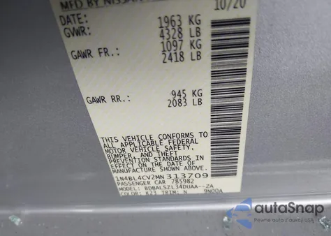 2021 Nissan Altima Sr Fwd из США, поврежденный, VIN 1N4BL4CV2MN313709